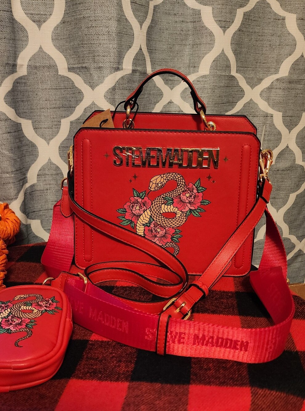 NWT Steve Madden Red Snake & Floral Boxy Crossbody
